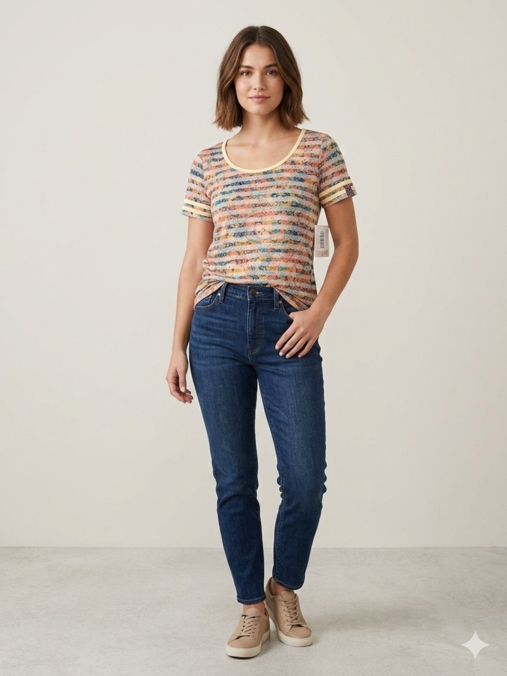LuLaRoe Scoop Neck Tee in Yellow, Navy & Coral Floral Stripe